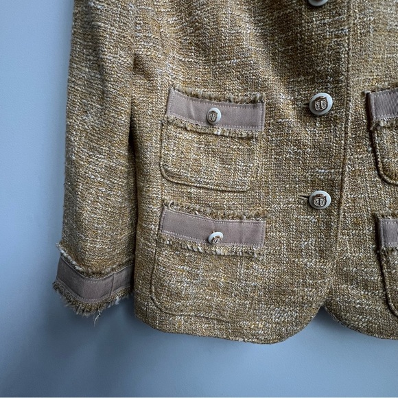 Talbots Grace Fit Collarless Gold Tweed Metallic Blazer Jacket Jackie O Fringe - Picture 5 of 15